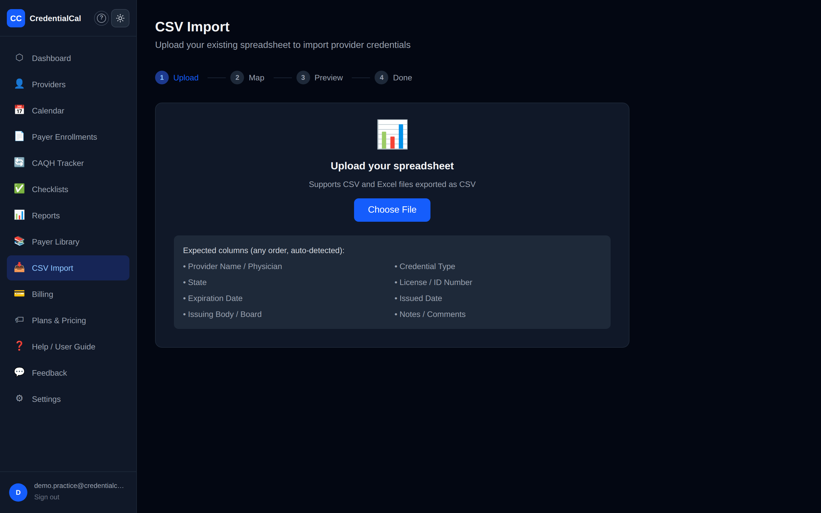 The 4-step CSV import — upload, map columns, preview, import