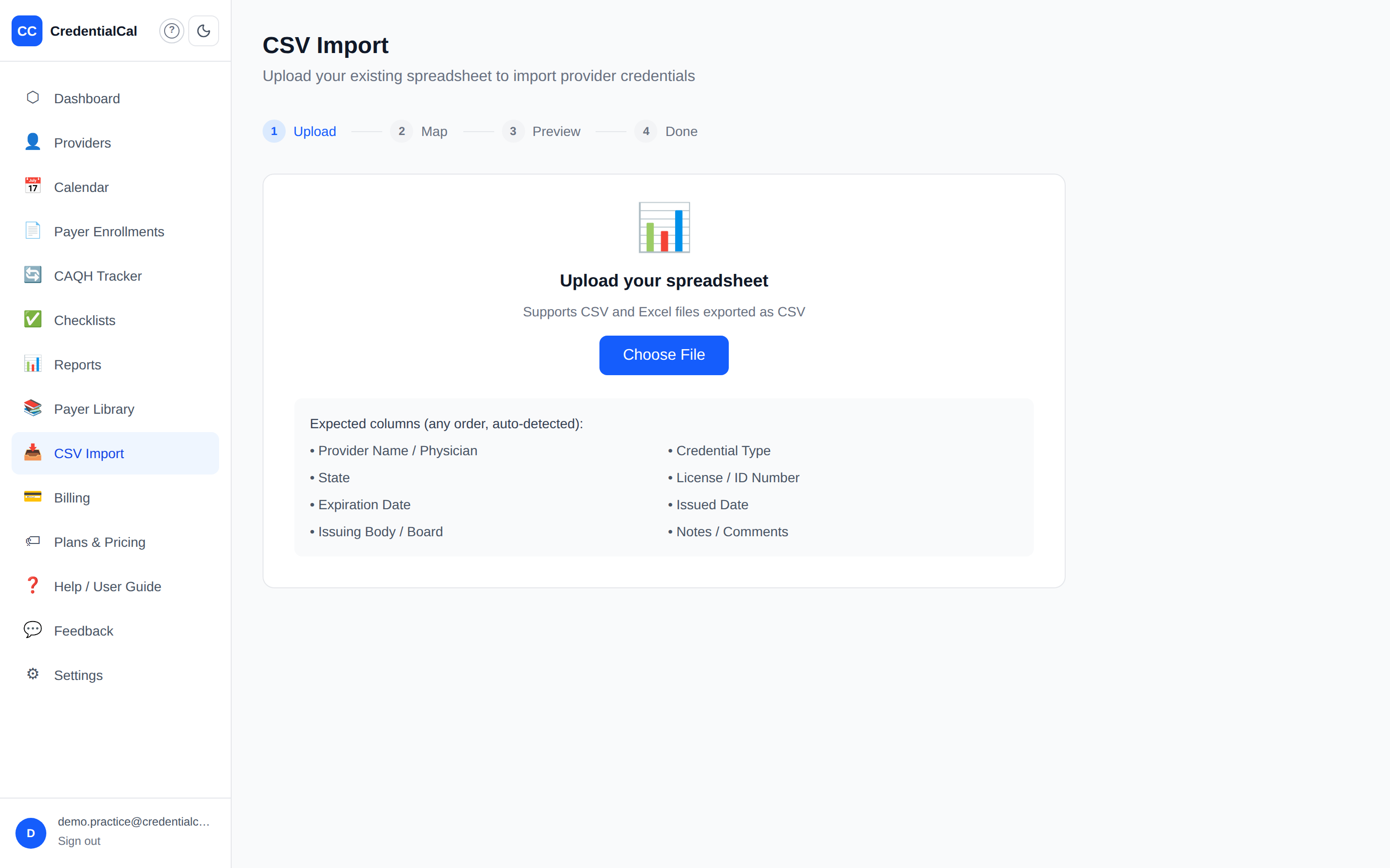 The 4-step CSV import — upload, map columns, preview, import