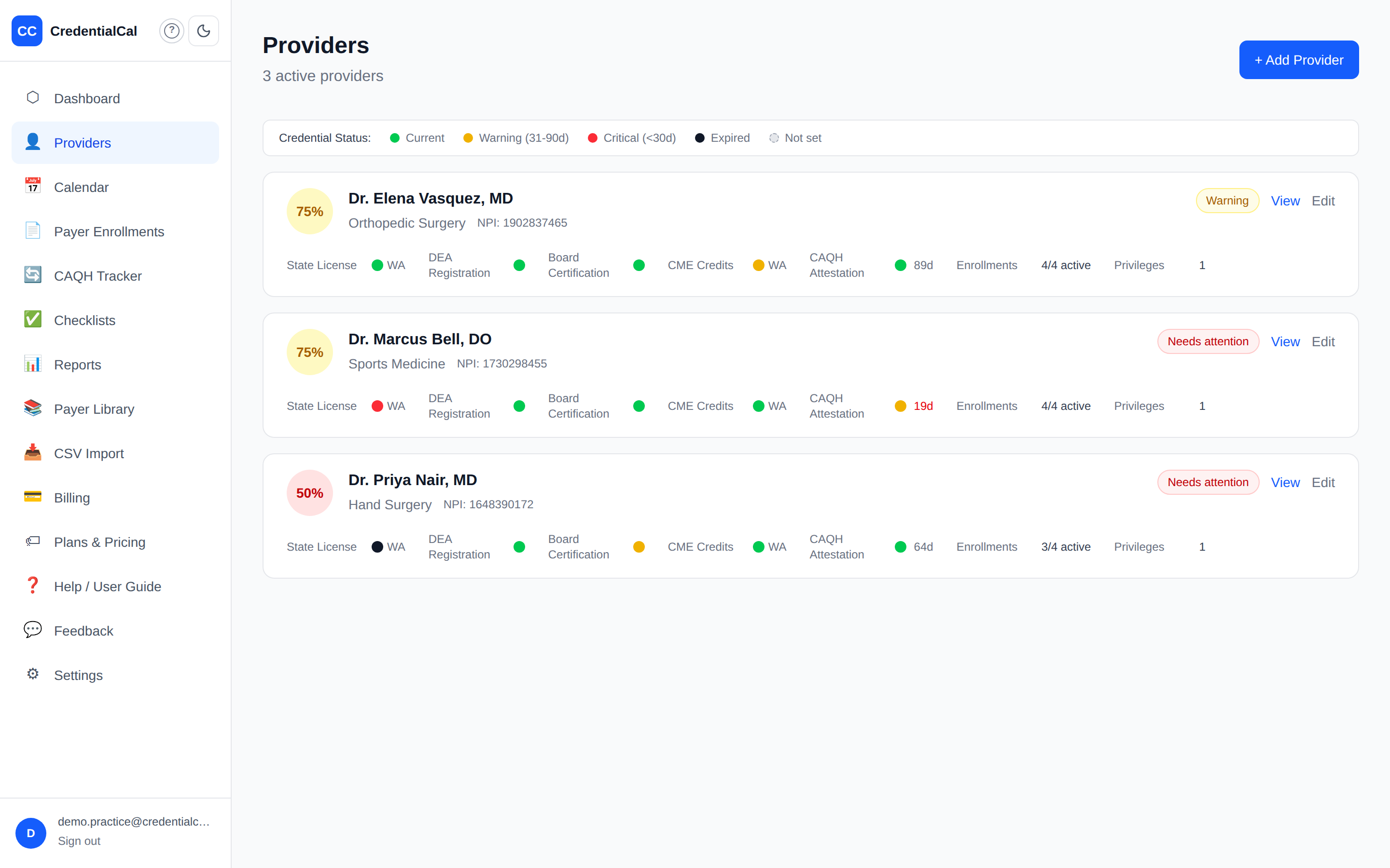 The providers list — each provider with specialty, credential status dots, and a worst-status indicator